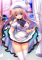  absurdres ass_visible_through_thighs beret blonde_hair blue_eyes breasts cherry_blossoms choker clothes_lift commentary_request curtains dress dress_lift female floating_hair hair_between_eyes hat highres lifting_own_clothes long_hair looking_at_viewer medium_breasts moe2020 neck_ribbon open_mouth original panties petals pink_panties red_ribbon ribbon sailor_collar shitou_kazuaki short_sleeves side-tie_panties side-tie_peek sidelocks solo thighhighs underwear white_dress white_thighhighs window 