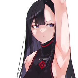  arm_up armpits asymmetrical_bangs black_hair blue_eyes breasts closed_mouth clothes_writing colored_inner_hair eunhwa_(nikke) female forehead goddess_of_victory:_nikke lips long_hair multicolored_hair ninchan purple_hair sideboob simple_background solo white_background 