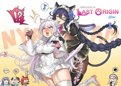  ! !? ... 6+girls :3 animal_ears biting black_dress black_gloves black_legwear black_lilith_(last_origin) blue_flower blue_rose blush braid breasts cat_ears cat_girl cat_tail claws dog_ears dress ear_biting fenrir_(last_origin) flower food garter_straps gloves gradient_background hachiko_of_castling hair_between_eyes hair_flower hair_ornament hat heart heterochromia holding large_breasts last_origin long_hair maid_headdress meat multiple_girls musical_note obui oerba_yun_fang open_mouth perrault_(last_origin) poi_(last_origin) rose saliva sidelocks signature simple_background snow_feather_(last_origin) spoken_ellipsis spoken_exclamation_mark spoken_heart spoken_squiggle squiggle sweat tail thighhighs very_long_hair white_dress white_flower white_rose white_thighhighs 