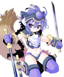  animal_ears armor bikini_armor braid commentary_request dual_wielding fake_animal_ears female gloves holding holding_sword holding_weapon long_hair matsuhime_mujina meta&#039;36 midriff navel purple_eyes purple_gloves purple_hair purple_thighhighs raccoon_tail shinrabanshou simple_background single_braid solo sword tail thighhighs weapon white_background 