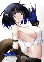  :&lt; absurdres arched_back arknights arm_strap bare_shoulders black_hair blue_eyes blue_hair blunt_bangs bob_cut breasts brown_pants camisole clipboard colored_inner_hair covered_nipples crop_top eunectes_(arknights) eunectes_(forgemaster)_(arknights) female from_side frown gloves highres jitome large_breasts looking_at_viewer midriff multicolored_hair no_bra off_shoulder official_alternate_costume pants panty_straps pointy_ears reaching reaching_towards_viewer revealing_clothes screwdriver see-through_silhouette shirt short_hair sideboob simple_background snake_tail stomach tail tank_top tools torn_clothes torn_shirt upper_body white_tank_top work_gloves yan_lie 