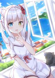  animal animal_ear_fluff animal_ears bangs between_legs bird black_cat blue_eyes blurry blurry_background blush bow building cat_ears collarbone day depth_of_field dress dutch_angle eyebrows_visible_through_hair feline female hairbow hand_between_legs heterochromia highres horizon indoors keiran_(ryo170) long_hair looking_at_viewer moe2020 ocean oerba_yun_fang open_mouth open_window original pleated_dress red_bow sailor_collar sailor_dress short_sleeves shoulder_cutout silver_hair solo twintails white_dress white_sailor_collar window yellow_eyes 