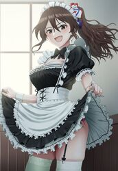  alternate_costume apron ashigara_(kancolle) black_bow black_bowtie black_dress bow bowtie breasts brown_eyes brown_hair clothes_lift dress enmaided female frilled_apron frilled_dress frills garter_straps hair_between_eyes high_ponytail highres indoors kantai_collection large_breasts lifting_own_clothes long_hair looking_at_viewer maid maid_apron maid_headdress mikan_29344886 oerba_yun_fang open_mouth puffy_short_sleeves puffy_sleeves short_sleeves skindentation skirt skirt_lift smile solo thighhighs waist_apron white_apron white_thighhighs window wrist_cuffs 