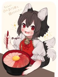  :3 absurdres animal_ear_fluff animal_ears bell blush brown_hair cat_ears cat_tail chen chopsticks dress egg egret female fingernails fish_(food) food highres kaisendon meat multiple_tails neck_bell nekomata open_mouth puffy_short_sleeves puffy_sleeves red_dress red_eyes red_nails saliva sharp_fingernails short_hair short_sleeves signature smile solo sparkle_background table tail touhou two_tails yellow_background 