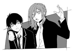  2boys ahoge blue_lock chigiri_hyoma commentary_request greyscale hair_between_eyes hand_on_another&#039;s_shoulder isagi_yoichi looking_at_viewer male_focus monochrome multiple_boys necktie open_mouth school_uniform short_hair simple_background tarou_(run) upper_body white_background 