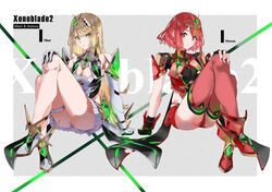  2girls blonde_hair breasts ekitabu_hosii highres large_breasts long_hair multiple_girls mythra_(xenoblade) panties pantyshot pyra_(xenoblade) red_eyes red_hair short_hair thighs underwear xenoblade_chronicles_(series) xenoblade_chronicles_2 yellow_eyes 