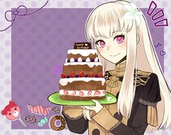  animal-themed_food cake candy closed_mouth commentary_request doughnut female fire_emblem fire_emblem:_three_houses flower food fruit garreg_mach_monastery_uniform hair_flower hair_ornament happy_birthday highres holding long_hair long_sleeves lysithea_von_ordelia otokajife pink_eyes plate simple_background smile solo strawberry uniform upper_body white_hair 