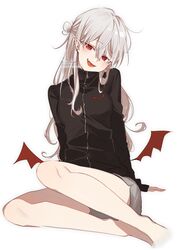  :d absurdres barefoot bat_wings black_jacket breasts commentary_request earrings feet_out_of_frame female genderswap_(mtf) grey_hair grey_shorts hair_between_eyes hair_bun head_tilt highres jacket jewelry kuzuha_(1st_costume)_(nijisanji) kuzuha_(nijisanji) long_hair long_sleeves looking_at_viewer low_wings mini_wings nijisanji oerba_yun_fang open_mouth pointy_ears red_eyes red_wings rule_63 short_shorts shorts signature simple_background single_hair_bun single_side_bun sleeves_past_wrists small_breasts smile sofra solo track_jacket twitter_username very_long_hair virtual_youtuber white_background wings 