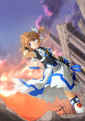  ankle_boots ban_(777purin) black_gloves black_shirt black_socks blouse blue_sky boots bracer brown_hair closed_mouth cloud cloudy_sky commentary dress female fingerless_gloves gloves hair_ribbon hand_in_own_hair highres holding holding_staff long_dress lyrical_nanoha mahou_shoujo_lyrical_nanoha mahou_shoujo_lyrical_nanoha_a&#039;s mahou_shoujo_lyrical_nanoha_the_movie_2nd_a&#039;s no_jacket orange_sky outdoors purple_eyes raising_heart ribbon ruins shirt short_hair short_sleeves sky smile socks solo staff standing takamachi_nanoha takamachi_nanoha_(exelion_mode) torn_clothes torn_dress twilight twintails white_dress white_footwear white_ribbon wind 