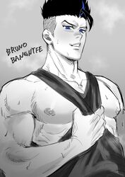  1boy bara bare_pectorals black_hair black_tank_top blue_eyes blue_hair bruno_bangnyfe burn_the_witch grey_background highres looking_at_viewer male_focus multicolored_hair muscular muscular_male nipples pectorals seductive_smile self_exposure simple_background smile solo spiked_hair sweat syo_chikubai tank_top two-tone_hair upper_body 