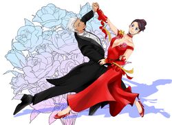  1boy alternate_hairstyle archer_(fate) blue_eyes brown_hair choker dancing dark-skinned_male dark_skin dress dress_flower fate/stay_night fate_(series) female flamenco flamenco_dress formal grey_eyes hair_bun hair_up high_heels hotaru_(ss801) red_dress single_hair_bun suit tohsaka_rin white_hair 