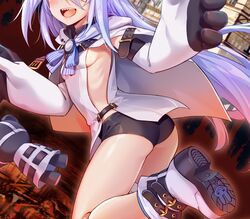  :d animal_hands armpit_peek ass black_choker black_shorts boots breasts cape choker commentary_request elbow_gloves female gloves head_out_of_frame highres hika_(cross-angel) little_witch_nobeta monica_(little_witch_nobeta) no_bra official_art open_mouth paw_gloves revealing_clothes sharp_teeth shirt shoe_soles short_shorts shorts sideboob sideless_outfit small_breasts smile solo teeth thighs twisted_torso upper_teeth_only white_footwear white_shirt 