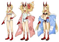  :&lt; ass_visible_through_thighs barefoot bikini black_bikini blonde_hair breasts closed_mouth collarbone commentary_request earrings facial_mark fate/grand_order fate_(series) female fingernails floral_print flower forehead_mark fundoshi hair_flower hair_ornament hibiscus hizuki_aya horns ibaraki_douji_(fate) ibaraki_douji_(swimsuit_lancer)_(fate) ibaraki_douji_(swimsuit_lancer)_(first_ascension)_(fate) ibaraki_douji_(swimsuit_lancer)_(second_ascension)_(fate) japanese_clothes jewelry leotard long_hair navel oni_horns pointy_ears recurring_image sandals sarashi sharp_fingernails sharp_toenails sidelocks simple_background slit_pupils small_breasts standing striped swimsuit toenails variations very_long_hair white_background wide_sleeves yellow_eyes 