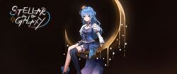  absurdres black_thighhighs blue_eyes blue_hair blue_shorts blue_vest breasts brooch cleavage crescent_moon crown feet_out_of_frame female half_updo highres hololive hoshimachi_suisei hoshimachi_suisei_(stellar_into_the_galaxy) jewelry juliet_sleeves legs long_hair long_sleeves looking_at_viewer moon o-ring o-ring_thigh_strap official_alternate_costume official_alternate_hair_length official_alternate_hairstyle on_crescent puffy_sleeves shorts simple_background single_thighhigh sitting solo star_(symbol) star_in_eye symbol_in_eye thigh_strap thighhighs tilted_headwear vest virtual_youtuber waist_cape yedeul 