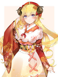  ahoge animal_ears blonde_hair blush bow closed_mouth cowboy_shot curled_horns female floral_print flower fluffy hair_flower hair_ornament hairbow hand_in_own_hair highres hololive horns japanese_clothes kimono long_hair looking_at_viewer obi official_alternate_costume official_alternate_hairstyle purple_eyes red_bow sash sheep_ears sheep_girl sheep_horns skirt solo tsunomaki_watame tsunomaki_watame_(new_year) very_long_hair virtual_youtuber wide_sleeves yukineko1018 