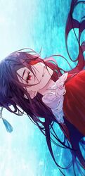  beidou_(genshin_impact) brown_hair colored_eyepatch eyepatch female fur_collar genshin_impact grin hair_behind_ear hair_ornament hair_over_one_eye hair_stick hairpin highres karanagare long_hair looking_at_viewer ocean one_eye_covered outdoors red_eyes sideways smile solo water 