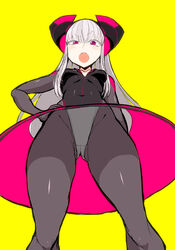  ass_visible_through_thighs black_bodysuit black_dress blush bodysuit breasts collarbone commentary_request dress dutch_angle electro_alice female from_below hand_on_own_hip headgear ken_(koala) leotard leotard_under_clothes long_hair long_sleeves looking_at_viewer open_mouth original purple_eyes shiny_clothes shiny_skin short_dress skin_tight small_breasts solo thighs v-shaped_eyebrows white_hair yellow_background 