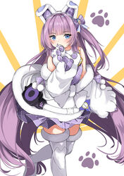  absurdres azur_lane bare_shoulders blue_eyes blush commentary_request covered_mouth dress female fur-trimmed_dress fur-trimmed_legwear fur_trim hand_up highres long_hair looking_at_viewer moyoron off_shoulder pleated_dress purple_dress purple_hair solo standing standing_on_one_leg tashkent_(azur_lane) tashkent_(muse)_(azur_lane) thighhighs very_long_hair white_background white_dress white_thighhighs 