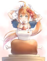  absurdres ahoge apron arms_up ascot blue_eyes blush boned_meat bow breasts closed_mouth collarbone commission cuna_(qunya) detached_sleeves elbow_gloves female food glint gloves hair_tie hair_tie_in_mouth hairbow highres large_breasts long_hair meat mouth_hold orange_hair pecorine_(princess)_(princess_connect!) pecorine_(princess_connect!) pink_background ponytail princess_connect! puffy_short_sleeves puffy_sleeves red_ascot red_bow short_sleeves smile solo sparkling_eyes tiara tying_hair upper_body very_long_hair white_apron white_gloves 