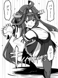  ahoge boots burning_love_(phrase) detached_sleeves double_bun energy energy_ball female greyscale grin hair_bun hairband hakama hakama_short_skirt hakama_skirt headgear highres japanese_clothes kamehameha_(dragon_ball) kantai_collection kongou_(kancolle) kongou_kai_ni_(kancolle) long_hair monochrome nontraditional_miko ribbon-trimmed_sleeves ribbon_trim skirt smile solo thigh_boots thighhighs translated tussy 