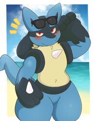  2022 3_fingers ai_only_dream anthro beach black_body blue_body blue_ears blue_sky blue_tail chest_spike cloud eyewear eyewear_on_head eyewear_only fingers front_view fur generation_4_pokemon hi_res looking_at_viewer lucario multicolored_body nintendo nude nude_beach pokemon pokemon_(species) sand seaside sky solo spikes spikes_(anatomy) sunglasses sunglasses_on_head sunglasses_only tail teeth water yellow_body yellow_fur 