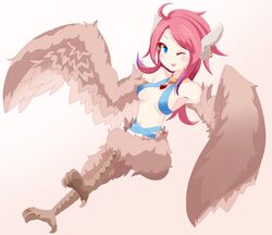  absurdres ahoge animal_ears animal_feet bird_ears bird_legs blue_eyes blush breasts brown_feathers brown_wings commentary_request earrings feathered_wings feathers female harpy highres jewelry long_hair medium_breasts mon-musu_quest! monster_girl navel necklace one_eye_closed philip_(n1k2-j) pink_hair reina_(mon-musu_quest!) simple_background solo tongue tongue_out white_background winged_arms wings 