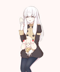  ^_^ alcremie alcremie_(strawberry_sweet) alcremie_(vanilla_cream) blue_legwear chirun0 closed_eyes commentary cookie crossover english_commentary female fire_emblem fire_emblem:_three_houses food fruit garreg_mach_monastery_uniform highres holding long_hair long_sleeves lysithea_von_ordelia open_mouth pantyhose pokemon pokemon_(creature) simple_background strawberry uniform white_background white_hair 