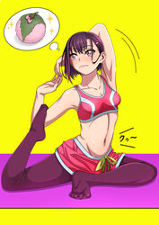  armpits breasts closed_mouth collarbone commentary_request female food full_body hair_behind_ear hair_ornament hairclip highres hungry imagining kitahara_kiyoshi looking_up medium_breasts mikazuki_shizuka mochi navel pantyhose pantyhose_under_shorts pigeon_pose pink_eyes pink_shorts pink_sports_bra purple_hair purple_pantyhose short_hair shorts solo sports_bra stomach_growling stretching toes wagashi yellow_background yoga yoga_mat zom_100:_zombie_ni_naru_made_ni_shitai_100_no_koto 