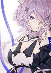  absurdres arknights bangs bare_shoulders breasts cleavage commentary fanshu female hair_ornament hair_over_one_eye highres large_breasts long_hair looking_at_viewer purple_eyes purple_hair simple_background solo upper_body whisperain_(arknights) white_background x_hair_ornament 