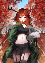  absurdres animal_ears antlers autumn autumn_leaves belt belt_pouch black_belt black_shirt black_skirt black_thighhighs braid breasts brown_hair coat commentary_request commission covered_mouth covering_own_mouth cowboy_shot crop_top cropped_shirt deer_antlers deer_ears deer_girl earrings eshineko female fur-trimmed_coat fur_collar fur_trim garter_straps gradient_hair green_coat highres holding holding_leaf horns jewelry leaf leaf_on_head light_blush long_hair looking_at_viewer maple_leaf medium_breasts midriff multicolored_hair navel open_clothes open_coat orange_hair original outdoors pouch shirt side_braid skeb_commission skirt sleeveless sleeveless_shirt sleeves_past_wrists solo thighhighs tree very_long_hair yellow_eyes 