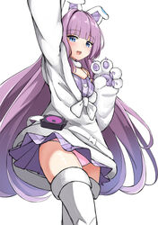  :d absurdres animal_ears animal_hands arm_up azur_lane blue_eyes blush commentary_request dress fake_animal_ears female fur-trimmed_legwear fur_trim gloves highres jacket long_hair moyoron open_mouth panties paw_gloves pink_panties plaid plaid_dress pleated_dress purple_dress purple_hair simple_background smile solo tashkent_(azur_lane) tashkent_(muse)_(azur_lane) thighhighs underwear very_long_hair white_background white_gloves white_jacket white_thighhighs 