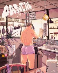  1boy artist_name ass bara black_socks boxers brown_hair cooking gow highres indoors kitchen male_focus male_underwear muscular muscular_male original purple_male_underwear short_hair shorts side_slit side_slit_shorts socks solo striped_male_underwear thick_thighs thighs underwear 