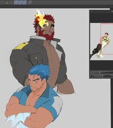  3boys bara beard black_bodysuit black_hair bodysuit cropped_torso crossed_arms dark-skinned_male dark_skin eyebrow_cut facial_hair fins fish_boy flaming_eye halo hephaestus_(housamo) jacket large_pectorals looking_at_viewer male_focus matty_(radicallymaxton) mature_male multiple_boys muscular muscular_male open_clothes open_jacket pectoral_cleavage pectorals red_eyes short_hair sideburns smile thick_eyebrows tokyo_afterschool_summoners triton_(housamo) unfinished zabaniyya_(housamo) 