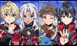  3boys aqua_eyes black_gloves black_hair blonde_hair blue_eyes brown_gloves brown_hair closed_mouth copyright_name dark-skinned_female dark_skin elma_(xenoblade_x) female finger_to_mouth gloves grey_hair grin hair_between_eyes index_finger_raised jacket long_hair long_sleeves looking_at_viewer middle_w mugimugis multiple_boys noah_(xenoblade) one_eye_closed orange_eyes parted_lips rex_(xenoblade) shulk_(xenoblade) simple_background smile star_(symbol) upper_body v w x_fingers xenoblade_chronicles_(series) xenoblade_chronicles_1 xenoblade_chronicles_2 xenoblade_chronicles_3 xenoblade_chronicles_x 