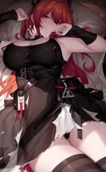  arknights armpits bare_shoulders bed_sheet belt black_belt black_dress black_panties black_thighhighs breasts cleavage commentary cowboy_shot dress female horns izulizuru large_breasts lens_flare long_hair looking_at_viewer lying on_back panties parted_lips pillow purple_eyes red_hair sleeveless sleeveless_dress solo surtr_(arknights) thighhighs thighs underwear very_long_hair 