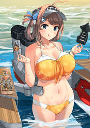  :q ahoge bikini blue_eyes blush bracelet breasts brown_hair chougei_(kancolle) chougei_(swimsuit_mode)_(kancolle) cleavage commentary_request enemy_lifebuoy_(kancolle) female food fried_squid hair_ornament hair_rings hat highres holding holding_food huge_breasts jewelry kantai_collection looking_at_viewer official_alternate_costume orange_bikini osananajimi_neko outdoors rigging solo standing sunglasses swimsuit takoyaki tongue tongue_out visor_cap wading water 