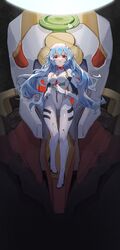  absurdres ayanami_rei blue_hair bodysuit breasts commentary_request eva_00 evangelion:_3.0+1.0_thrice_upon_a_time evangelion_(mecha) female full_body glowing glowing_halo halo highres interface_headset long_hair looking_at_viewer looking_down mecha medium_breasts neon_genesis_evangelion open_mouth pilot_suit plugsuit rebuild_of_evangelion red_eyes robot science_fiction sentter solo thigh_gap very_long_hair white_bodysuit white_halo 