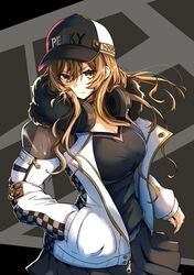  baseball_cap black_choker black_hat black_shorts black_skirt breasts brown_eyes brown_hair choker cleavage closed_mouth clothes_writing commentary_request d4dj female fur-trimmed_jacket fur_trim gin_moku hat headphones headphones_around_neck highres jacket large_breasts long_sleeves looking_at_viewer miniskirt open_clothes open_jacket pleated_skirt shorts skirt smile solo standing v-neck white_jacket wind yamate_kyouko 