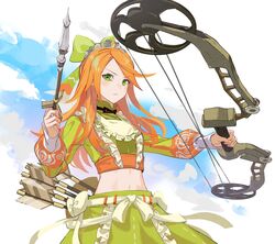  arrow_(projectile) blue_sky bow bow_(weapon) cloud commentary_request compound_bow crop_top day etie_(fire_emblem) female fire_emblem fire_emblem_engage green_bow green_eyes green_shirt green_skirt hairbow highres holding holding_arrow holding_bow_(weapon) holding_weapon long_hair long_sleeves looking_at_viewer midriff mikami navel orange_hair shirt skirt skirt_set sky solo stomach tiara weapon 