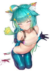  ahoge among_us animal_ear_fluff animal_ears backpack bag blonde_hair blood blood_on_knife blood_on_weapon blue_hair blue_pantyhose blush cat_ears elbow_gloves female gloves gradient_hair green_hair hair_ornament hairclip highres holding holding_knife holding_weapon kneeling knife lanmewko looking_at_viewer lowleg lowleg_pantyhose medium_hair midriff multicolored_hair navel original pantyhose simple_background skindentation smile solo star_(symbol) star_hair_ornament sweat waymay weapon white_background 