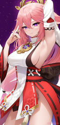  animal_ears arm_up armpits breasts detached_sleeves female fox_ears fox_girl genshin_impact groin hair_between_eyes hair_ornament half-closed_eyes japanese_clothes kohanayuki large_breasts long_hair looking_at_viewer miko no_panties pink_hair presenting_armpit purple_eyes sideboob sleeveless smile solo yae_miko 