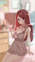  absurdres alternate_costume bed blurry blurry_background blush brown_dress brown_hair commission dress english_commentary eyebrows_hidden_by_hair female highres indie_virtual_youtuber lingerie long_hair looking_to_the_side negligee neve_(morris-minicooper) nina_saotome nina_saotome_(2nd_costume) on_bed purple_eyes second-party_source sitting skeb_commission smile solo underwear virtual_youtuber 