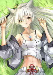  animal_ears breasts cat_ears chest_jewel cleavage collarbone deekei female flute grass grey_hair highres instrument jacket light_blush long_hair looking_at_viewer lying mio_(xenoblade) navel off_shoulder on_back parted_lips solo spoilers stomach toned upper_body xenoblade_chronicles_(series) xenoblade_chronicles_3 