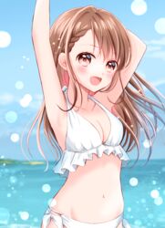  :d arm_behind_head bikini blurry blurry_background blush braid braided_bangs breasts brown_eyes brown_hair cleavage commentary day female halterneck highres horizon long_hair looking_at_viewer navel ocean oerba_yun_fang open_mouth original outdoors sidelocks smile solo stomach swept_bangs swimsuit tiramisu651 white_bikini 