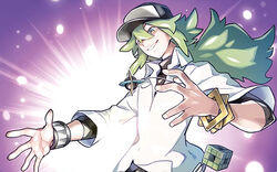  1boy baseball_cap collared_shirt fuse_ryuuta glowing green_eyes green_hair grin hair_between_eyes hat male_focus n_(pokemon) official_art open_arms pokemon pokemon_(game) pokemon_bw pokemon_trading_card_game purple_background shirt simple_background smile standing third-party_source upper_body white_shirt 