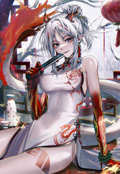  absurdres architecture arknights artist_name bare_shoulders bead_bracelet beads bracelet breasts china_dress chinese_clothes colored_skin covered_nipples cup dragon_girl dragon_horns dragon_tail dress earrings east_asian_architecture eyeliner female hair_ornament hair_stick highres horns jewelry lamp makeup medium_breasts multicolored_hair nian_(arknights) nian_(unfettered_freedom)_(arknights) official_alternate_costume pelvic_curtain pointy_ears purple_eyes red_eyeliner red_skin senju_yosiyuki sidelocks sitting slit_pupils solo streaked_hair tail tassel tearing_up thighs white_dress white_hair 