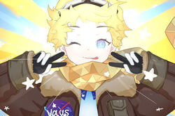  1boy blonde_hair blue_eyes bright_pupils commentary double_v emotional_engine_-_full_drive fate/grand_order fate/requiem fate_(series) glowing goggles goggles_on_head hands_up highres jacket leather leather_jacket looking_at_viewer male_focus official_alternate_costume one_eye_closed parody parted_bangs scarf short_hair smile solo sparkle star_(symbol) symbol-only_commentary upper_body v voyager_(fate) voyager_(third_ascension)_(fate) wodemaguane_(18327102) yellow_background yellow_scarf 