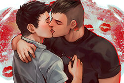  2boys bara black_hair black_shirt closed_eyes collared_shirt couple david_king_(dead_by_daylight) dead_by_daylight dessa_nya dwight_fairfield french_kiss highres holding holding_removed_eyewear kissing male_focus multiple_boys muscular muscular_male neck_tattoo shirt short_hair tattoo tongue tongue_out unworn_eyewear upper_body white_shirt yaoi 