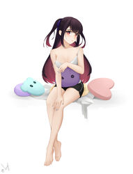  absurdres bare_arms bare_shoulders barefoot black_hair black_shorts blue_nails blue_ribbon blush breasts button_eyes buttons cleavage collarbone colored_inner_hair commentary crossed_ankles english_commentary female ferys gradient_eyes hair_ribbon heart highres hina_misora long_hair looking_at_viewer medium_breasts mixed-language_commentary multicolored_eyes multicolored_hair off_shoulder pink_eyes pink_hair ribbon shirt shorts sideways_glance signature simple_background sitting solo spaghetti_strap spanish_commentary streaked_hair stuffed_toy symbol-shaped_pupils two-tone_hair two_side_up virtual_youtuber wactor_production white_background white_shirt yellow_eyes 