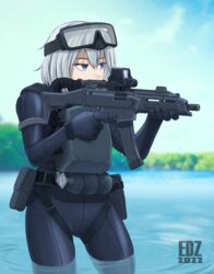  artist_name black_gloves black_wetsuit blue_eyes blue_sky bodysuit cz_scorpion_evo_3 diving_suit edzactly female frogman gloves goggles goggles_on_head gun highres original outdoors rebreather reflex_sight scenery short_hair sky solo submachine_gun trigger_discipline wading water weapon wetsuit white_hair 